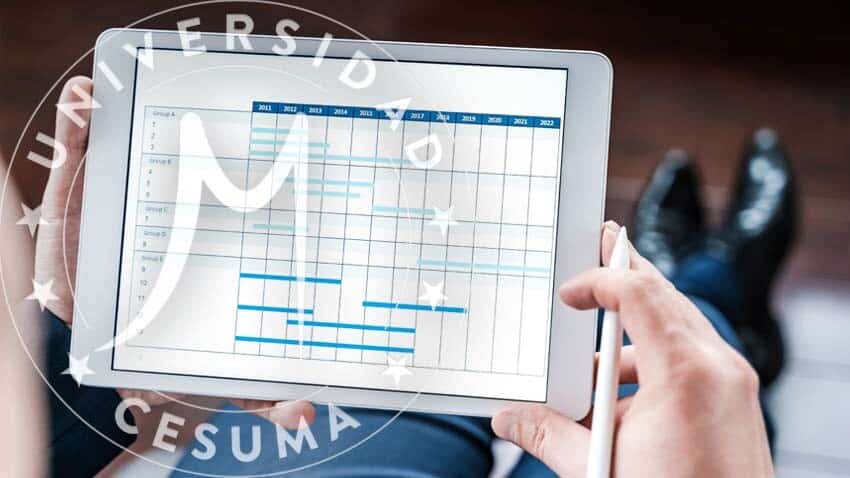 empresario editando en tablet un diagrama de gantt