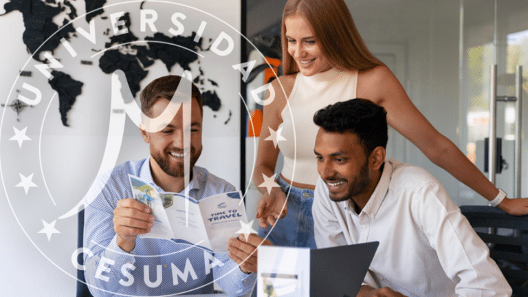 Personas hablando en agencia de viajes