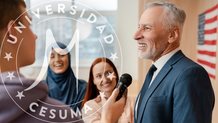 Hombre mayor, político, siendo entrevistado por periodistas