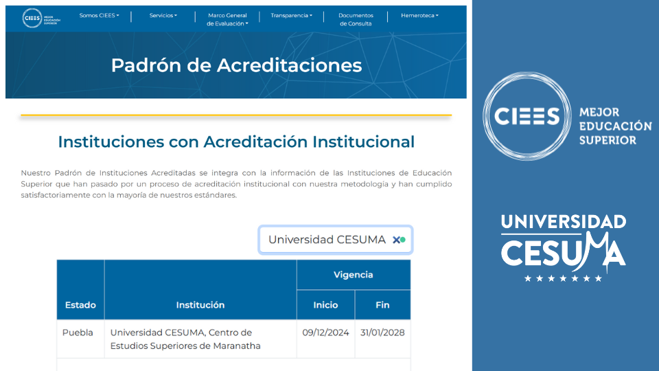 Maestrías y MBA 55 CIEES reconoce la calidad de licenciaturas, maestrías y doctorados de Universidad CESUMA